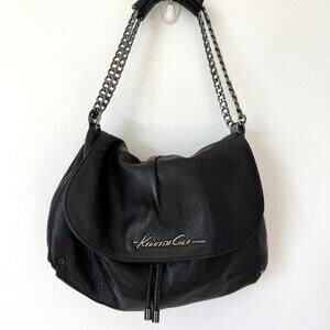 Kenneth Cole Black Leather Hobo Slouchy Shoulder Flap Bag-Chain Strap Boho Chic
